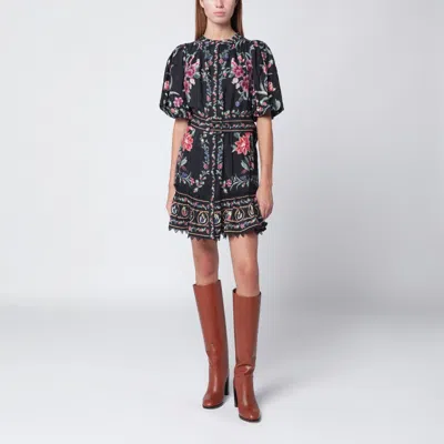Farm Rio Belle Garden Floral-print Cotton-blend Mini Dress In Black