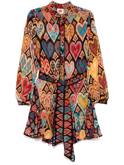 Farm Rio Women's Belted Mini Shirt Dress, Hearts Ikat Black In Multi