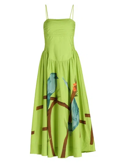 Farm Rio Women's Bird Print Poplin Tea-length Dress In Green