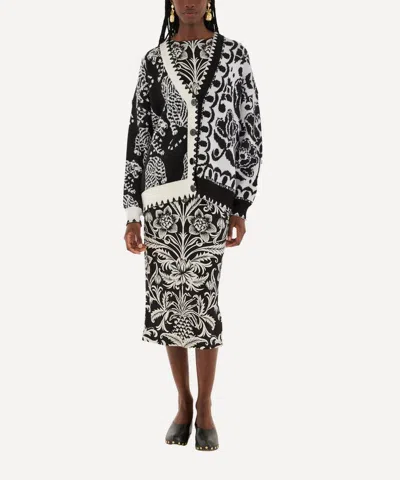Farm Rio Women's Black & White Mixed Striped Tigers Buttoned Knit Cardigan In Multi