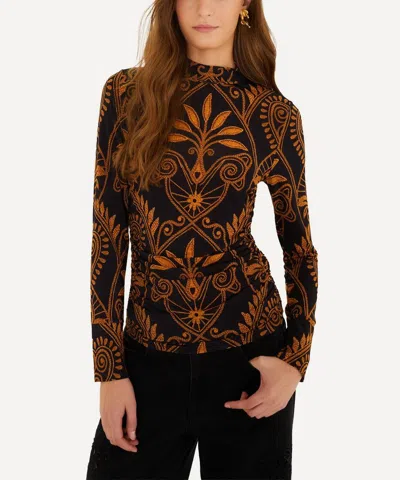 Farm Rio Cornely Ainika Jersey Ruched Blouse In Black In Multi