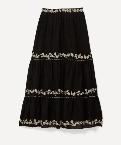Farm Rio Women's Black Embroidered Ruffle Maxi Skirt