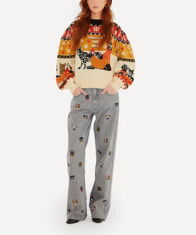 Farm Rio Women's Multicolour Cat And Dogs Embroidery Jeans In Black