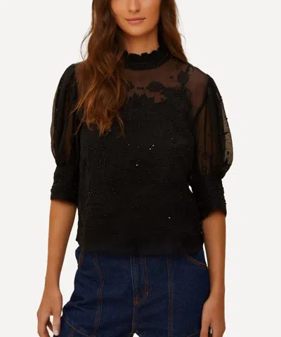 Farm Rio Beaded Floral-embroidered Top In Black