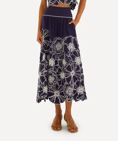 Farm Rio Women's Blue Flowers Richelieu Cotton Maxi Skirt