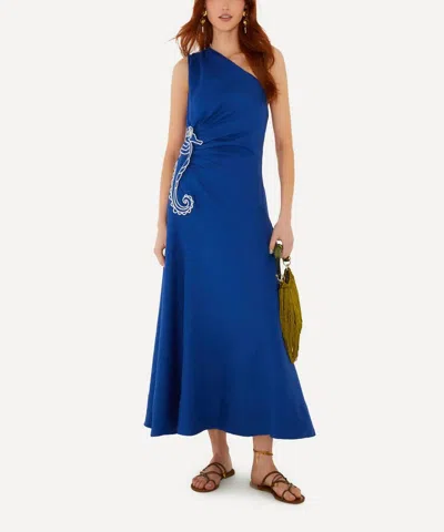 Farm Rio Women's Blue Seahorse Embroidery One-shoulder Maxi Dress