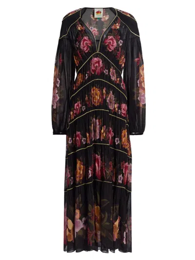 Farm Rio Women's Chenille Flowers Floral V-neck Maxi Dress In Black