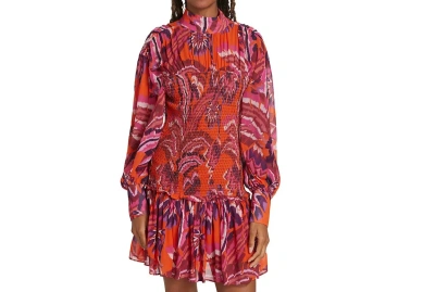 Farm Rio Women Chevron Forest Orange Long Sleeve Smocked Mini Dress In Brown