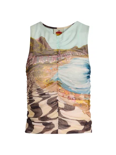 Farm Rio Women's Copacabana Beach-print Ruched Sleeveless Blouse In Blue