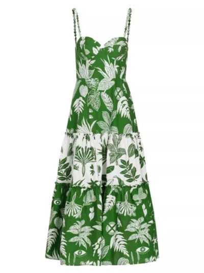 Pre-owned Farm Rio Women Cotton Midi Dress Forest Soul Mix Sleeveless Button Green