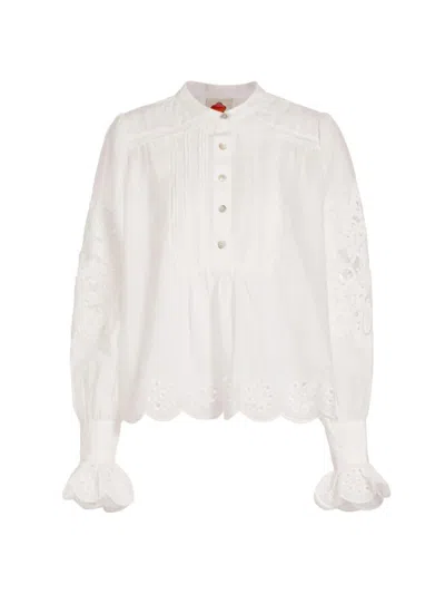 Farm Rio White Blouse With Flared Sleeves In Techno Fabric Woman In Off White
