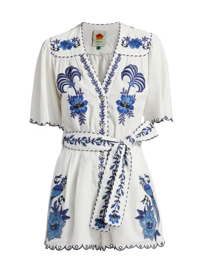 Farm Rio Women's Delicate Forest Embroidered Linen-blend Romper In White