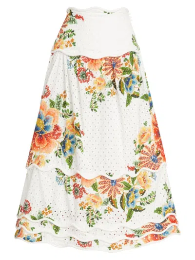 Farm Rio Women's Delicate Garden Cotton Skirt In Delicate Garden White