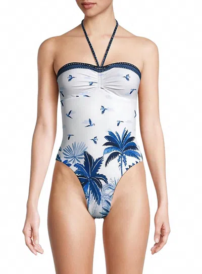Farm Rio Women's Dream Sky Halter One-piece Swimsuit In Blue/white