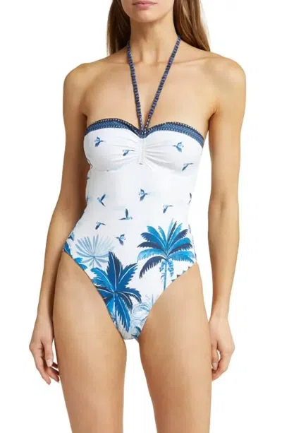 FARM RIO WOMEN'S DREAM SKY HALTER ONE-PIECE SWIMSUIT IN WHITE