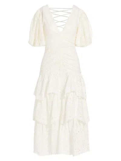 Farm Rio Women's Eyelet Cotton Lace-up Midi-dress In Off White