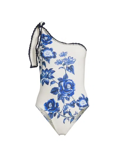 Farm Rio Floral-print One-shoulder Swimsuit In White
