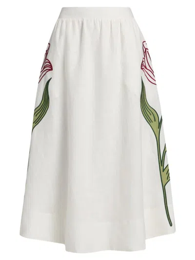 Farm Rio Women's Floral-embroidered Linen Midi-skirt In White