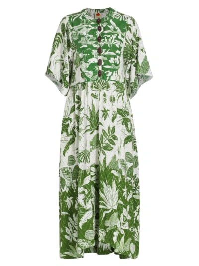 Farm Rio Women's Forest Soul Elbow-length Sleeve Midi-dress In Forest Soul Off White