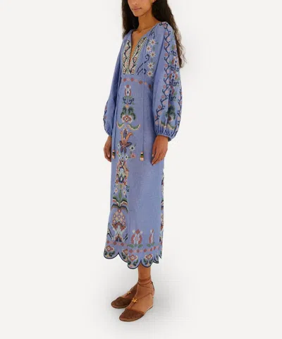 Farm Rio Blue Crew Neck Dress With Knot Closure And All-over Embroidery In Fabric Woman
