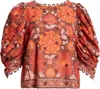 Farm Rio Gigi Tapestry Elbow Sleeve Button Back Top In Multi