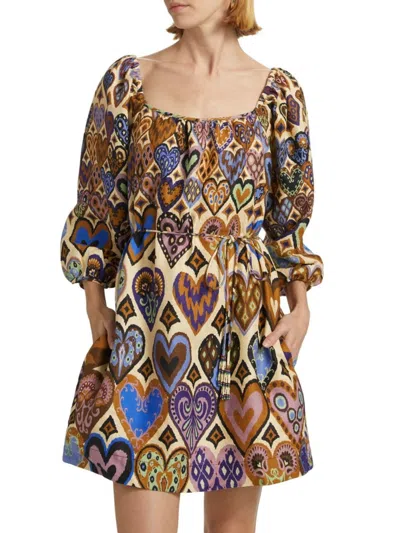 Farm Rio Women's Hearts Ikat Cream Long-sleeve Minidress In Multi