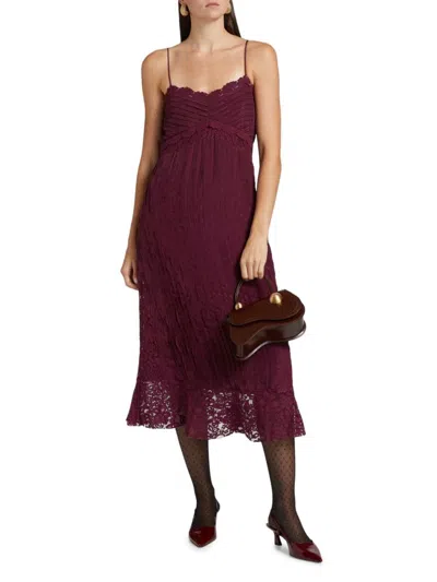 Farm Rio Pintucked Crepe De Chine And Corded Lace Midi Dress In Red