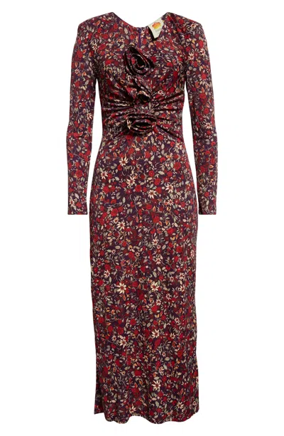 FARM RIO FARM RIO WOMEN'S LONG SLEEVE KNOT MIDI DRESS, CHELSEA GARDEN PURPLE