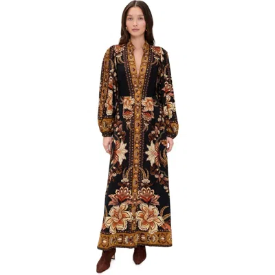 Farm Rio Black Majestic Garden Buttoned Puff Sleeve Maxi Dress In Brown