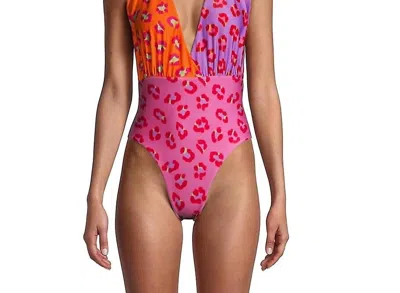 Farm Rio Women's Maxi Leopard Patch Front One Piece Swimsuit In Orange Multi