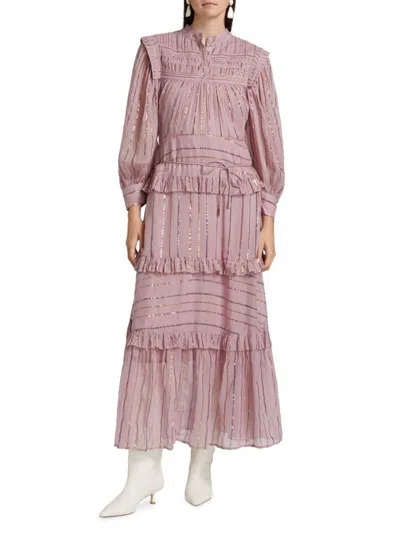 Farm Rio Women's Metallic Striped Tiered Maxi Dress In Pink
