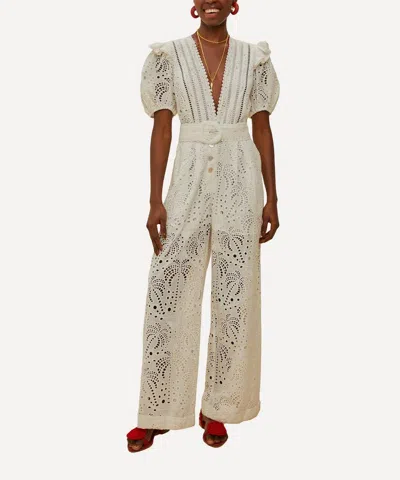 FARM RIO FARM RIO WOMEN'S OFF-WHITE PALM TREE EYELET JUMPSUIT