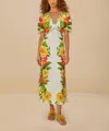 Farm Rio Picnic Flower Printed Linen Maxi Dress In White