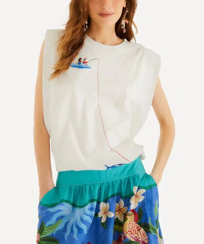 Farm Rio Women's Off-white Fishing Dreams Padded Shoulder T-shirt