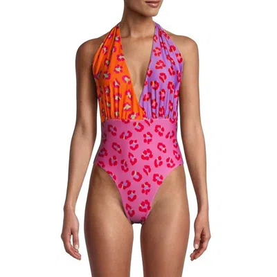 Farm Rio Women Orange Maxi Leopard Patch Front One Piece Swimwear In Pink