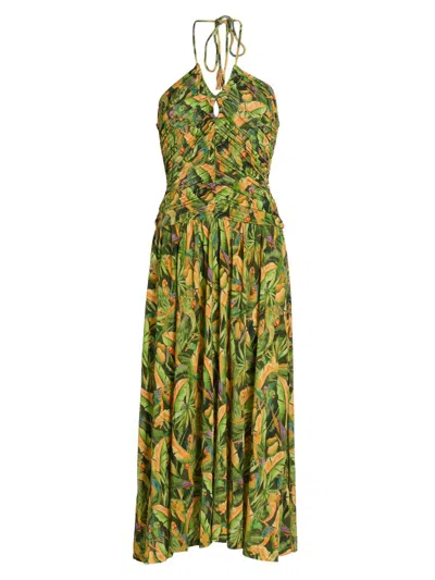 Farm Rio Women's Parrot-print Ruched Midi Dress In Green