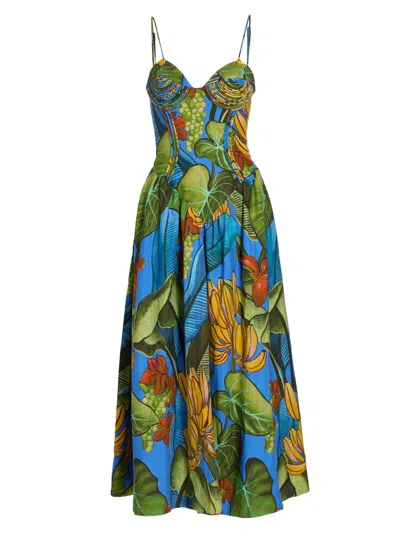 Farm Rio Blue Banana Grapes 3d Bodice Sleeveless Maxi Dress In Multi