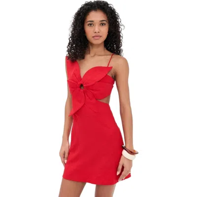 Farm Rio 3d Flower Linen Blend Mini Dress In Red