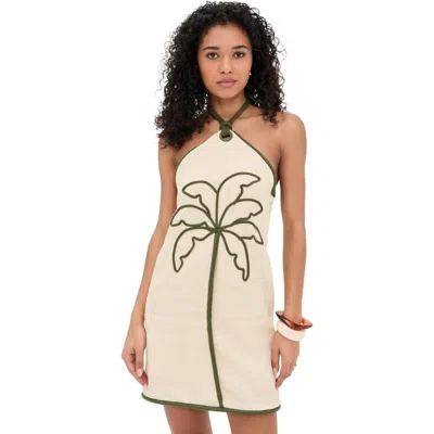 Farm Rio Sand Coconut Embroidery Halter Neck Euroflax Premium Linen Mini Dress In White