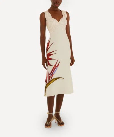 Farm Rio Sand-colored Linen Midi Dress With Strelitzia Pattern In White