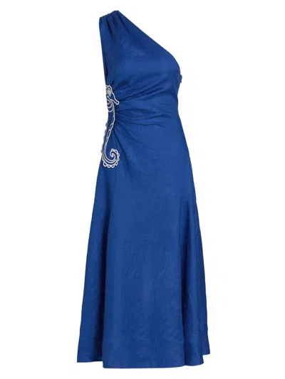 Farm Rio Embroidered Seahorse One-shoulder Linen Dress In Blue