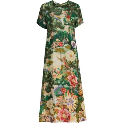 Farm Rio Multicolor Oriental Garden Short Sleeve Maxi Dress In Green