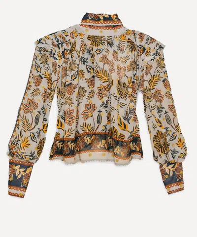 Farm Rio Women's Silver Floral Tapestry Long Sleeve Blouse