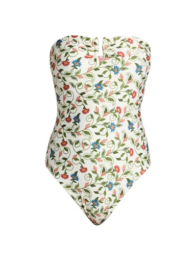 Farm Rio Women's Stitched Garden Bandeau One-piece Swimsuit In White