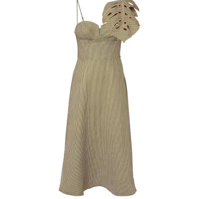 Farm Rio Green Striped 3d Monstera Leaf Euroflax Premium Linen Midi Dress In Neutral