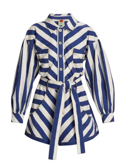 Farm Rio Women's Striped Belted Romper In Blue And White