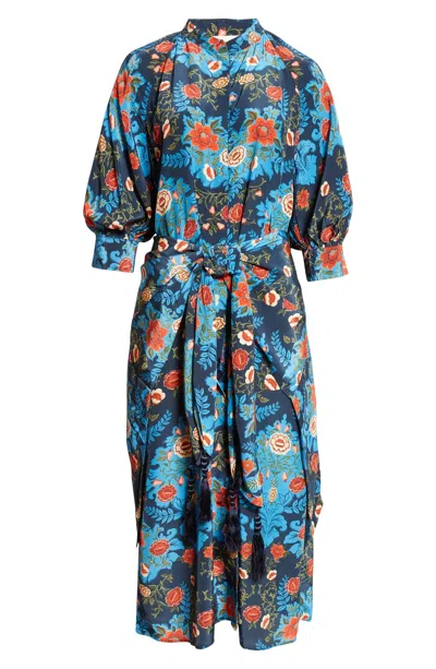 Farm Rio Women's Tie Front Midi Dress, Arabesque Floral Blue In Multi