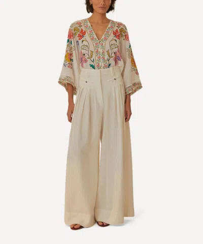 Farm Rio Women's White Linen Pleated Trousers