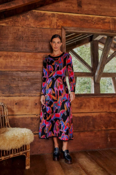 Farm Rio Women Wild Horses Black Cut Out Knit Midi Dress Multi