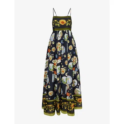 Farm Rio Womens Black Trip Souvenir Shoulder-straps Cotton-blend Maxi Dress In Multi